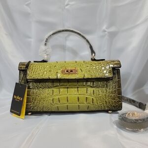 NWT American Bee Crocodile Embossed Satchel - 10" Slim Olive Green Crossbody Bag